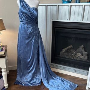One-Shoulder Satin Prom Dress in Steel Blue